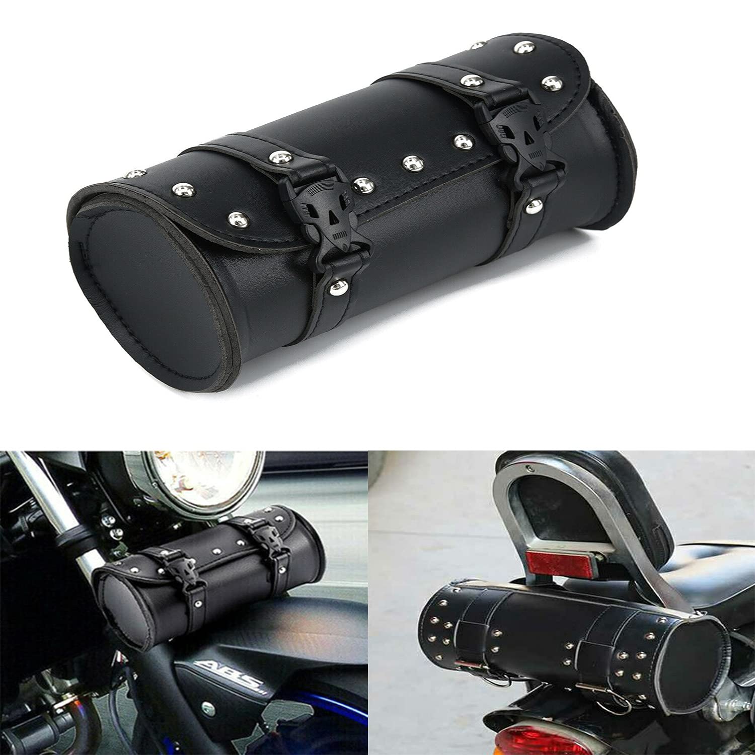 PPoeHXtyy Motorcycle Fork Bag Handlebar Saddle Bag,Sissy Bar Storage Tool Bag Leather, Bar Tool Bag for Roll Tool Bag