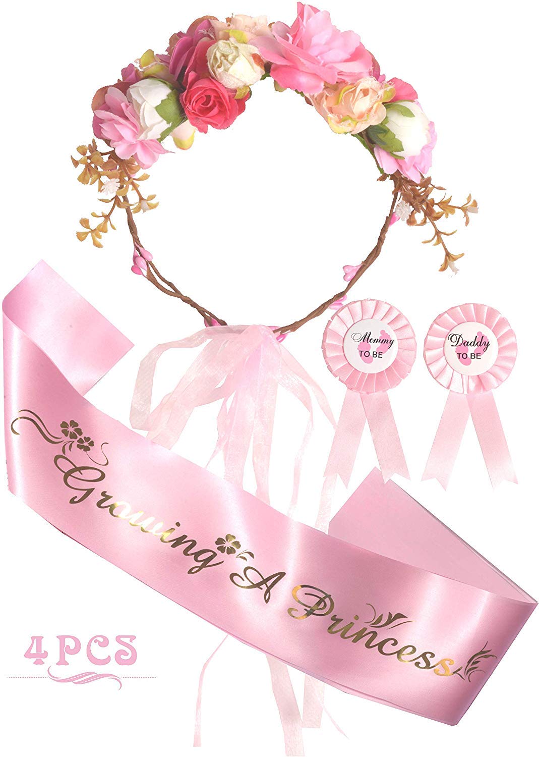 Mother To Be Flower Crown Pink Set, Growing a Princess Sash and Mommy to be Pin, Dad To Be Pin, Pink Baby Shower Party Favors Decorations Gift for Girl (flower crown)