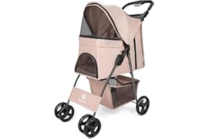 RULTYN Pet Dog Stroller, Four Wheels Cat Dog Stroller with Storage Basket, Handle 360° Front Wheel Rear Wheel with Brake for Small Medium Dogs Cats Travel Folding Carrier Stroller(Khaki)