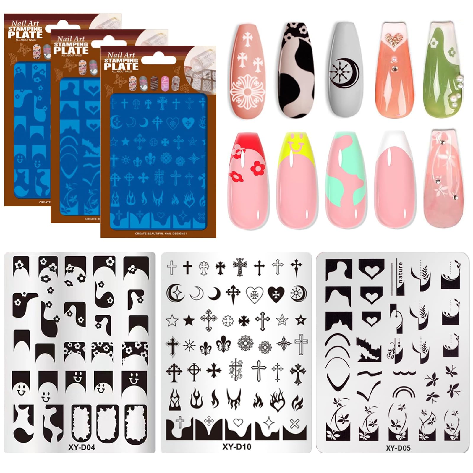 Photo 1 of BlueZOO Nail Stamping Plates Set, Moon Star Cross Heart French Line Wave Strips Plants Nail Art Image Stamp Templates Reusable Manicure DIY Printing Tools Home Salon Design Gift, 3PCS,Stainless Steel