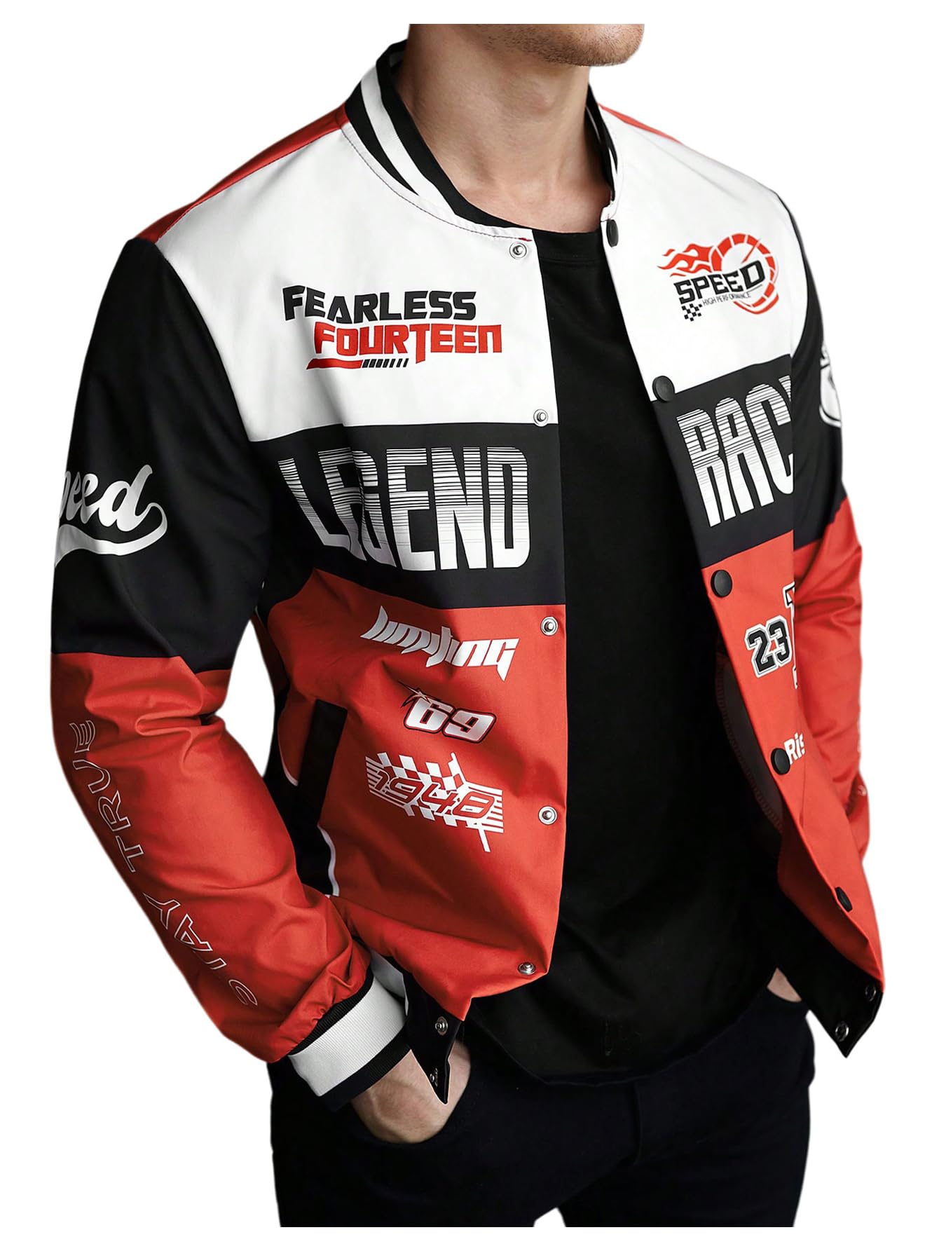 Photo 1 of SOLY HUX Mens Racing Jacket Button Down Graphic Varsity Jackets Car Racing Jacket Men Motorcycle Outerwear Streetwear Red Multi X-Large