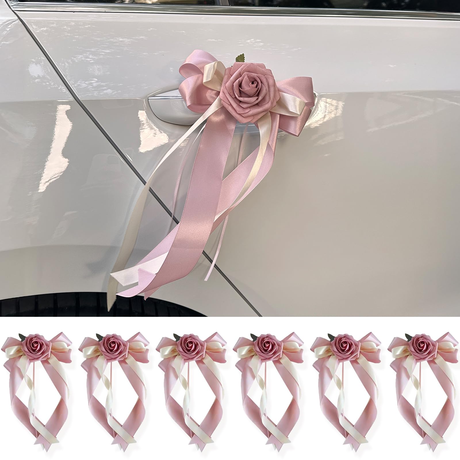Photo 1 of 6 PCS Wedding Car Door Handle Decorative Flowers, Pink Artificial Cars Bouquet Flowers Bowknot Ribbon Decors, Just Married Automotive Decoration Accessories for Door Handles and Rearview Mirrors