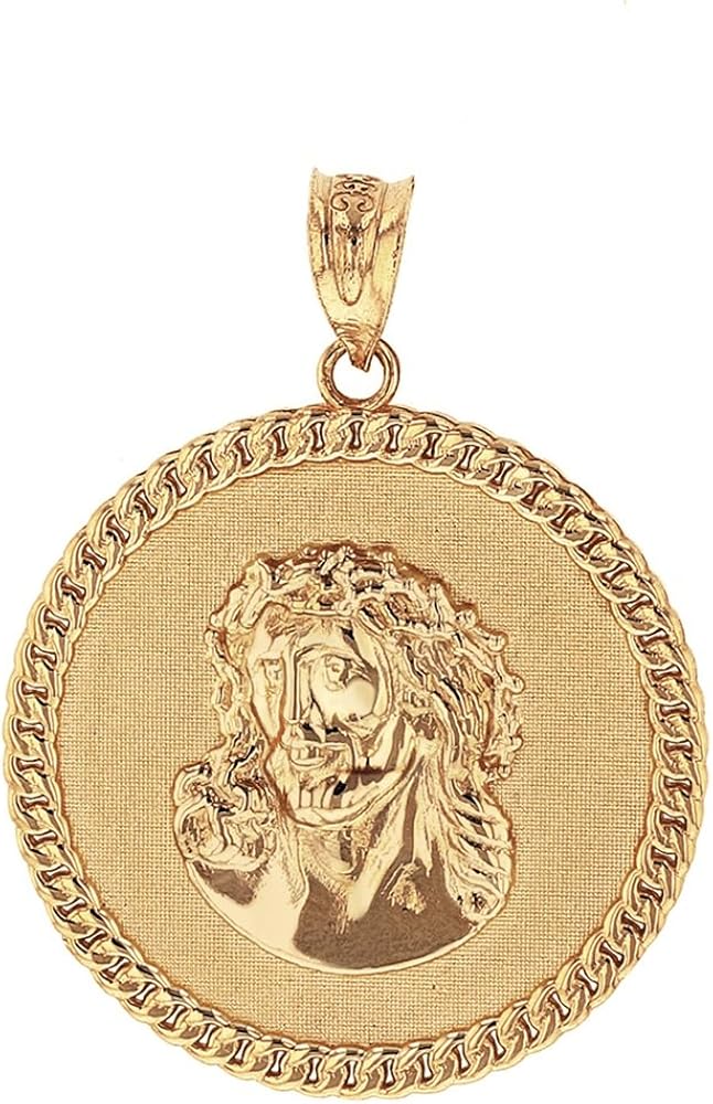 Religious Jewelry by FDJ Solid 14k Yellow Gold Cuban Link Framed Jesus Face