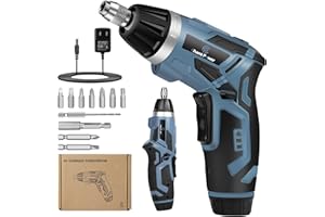 C P CHANTPOWER Cordless Electric Screwdriver Set, 6+1 Torque Gears,1/4'' Hex Self-Lock Chuck, 4V Small Rechargeable Screwdriver with 11 pcs Accessories, Flashlight, Charger Blue