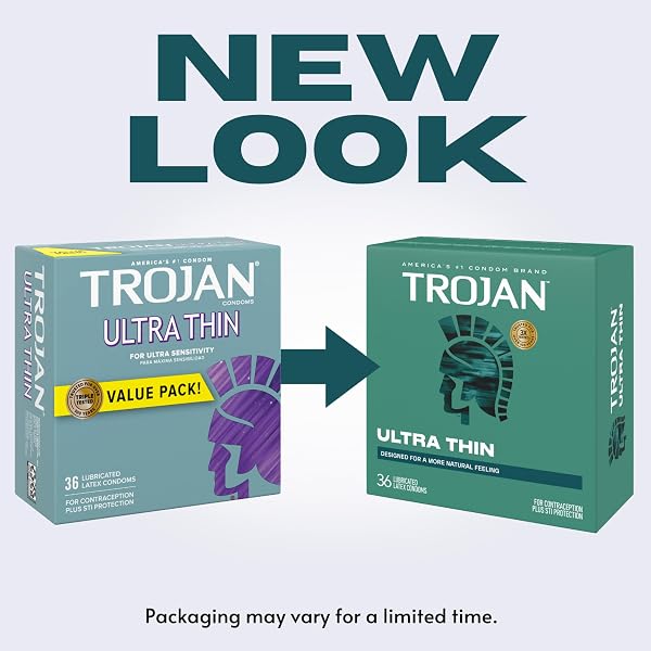 TROJAN ULTRA THIN LATEX LUBRICATED CONDOMS FOR MEN, THIN CONDOMS FOR A MORE NATURAL FEELING, PREMIUM LATEX TO HELP REDUCE RISK OF PREGNANCY AND SEXUALLY TRANSMITTED INFECTIONS (STIS), 36 COUNT
