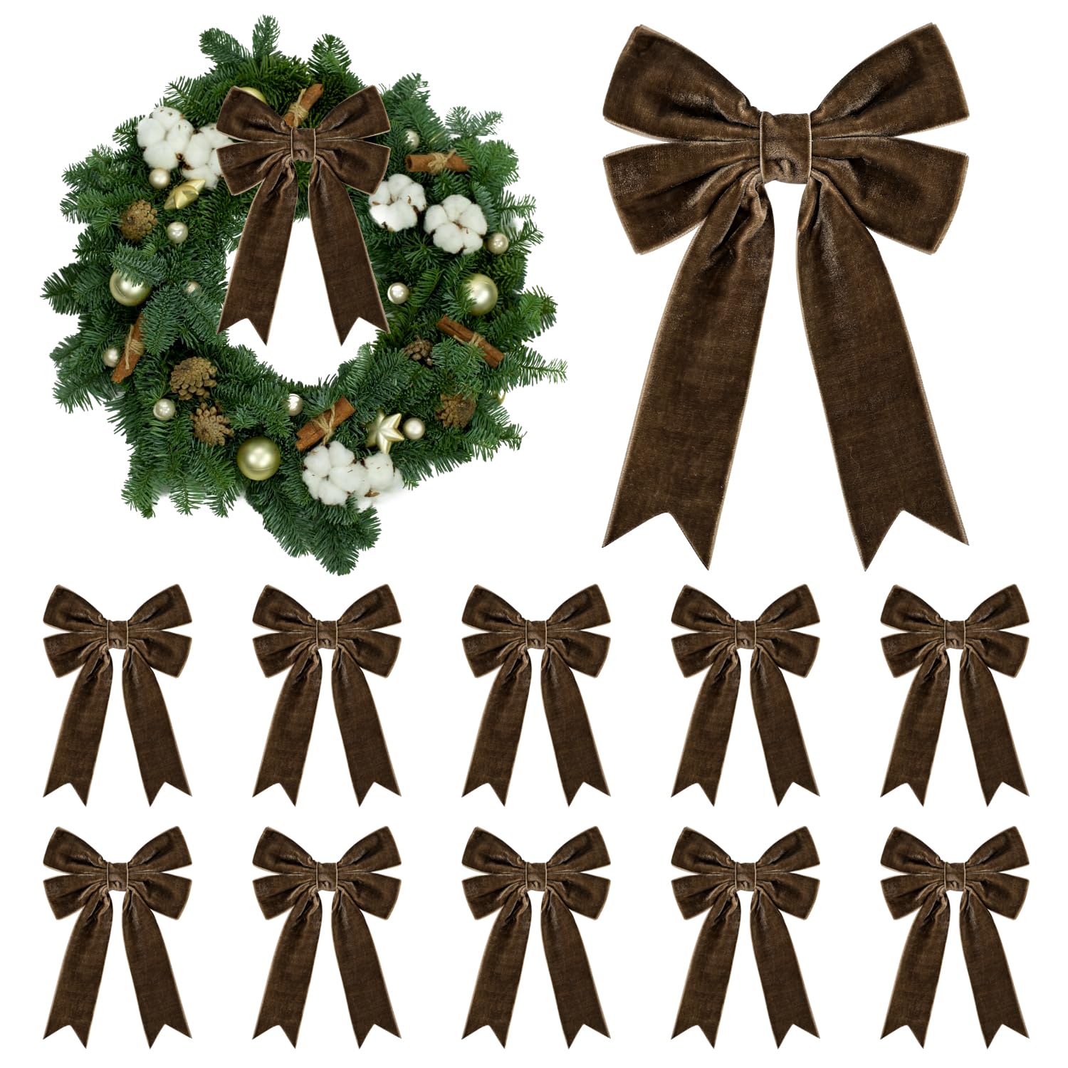 Photo 1 of 10 Pcs Velvet Ribbon Bow, 5x7inches Vintage Velvet Bows Ornaments for Christmas Tree Garland Wreath Gift Wrapping Indoor Outdoor Holiday Wedding Party Decoration (Brown)