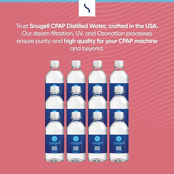 SNUGELL DISTILLED WATER FOR CPAP MACHINES, TRAVEL SIZE BOTTLES (12-PACK, 12 OZ EACH) – UP TO 15 DAYS SUPPLY – CLEAN, MULTI-USE, TRAVEL-FRIENDLY, MADE IN USA