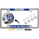 [Officially Licensed Product] - USAF - U.S. Air Force Retired - Domed Custom-Made Personalized Narrow (Thin) Top 4 Hole Metal Car License Plate Frame with Free caps - Chrome Frame (Qty: 1)