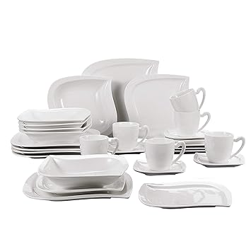 MALACASA, Serie Elvira, 30 tlg. Cremeweiß Porzellan Geschirrset Kombiservice Tafelservice im eleganten Design mit je 6 Stück 