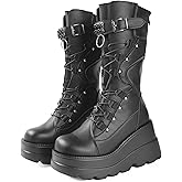 Gothniero Women Black Platform Goth Boots Mid Calf with Heel Knee High Boots Winter Chunky Heel Punk Rave Boots Girls Lace Up Combat Booties Size 5.5-11
