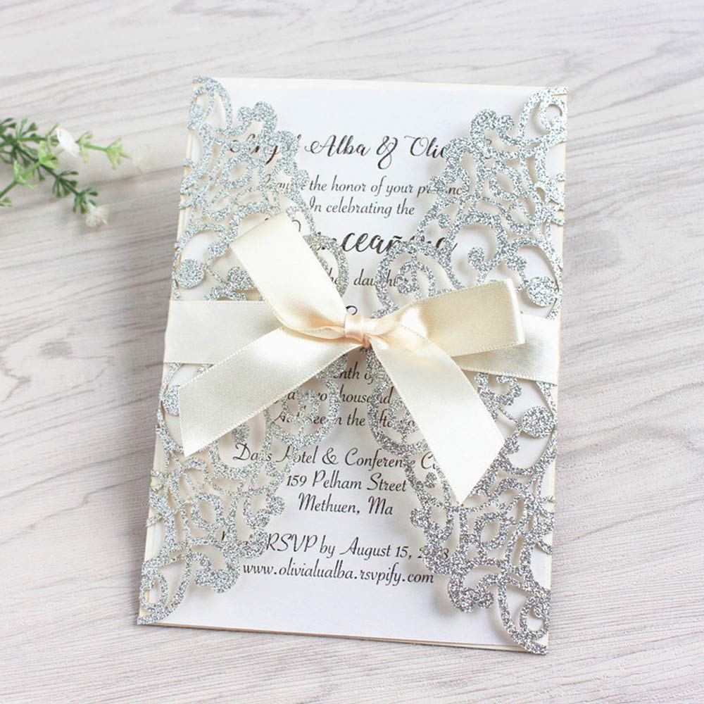 Jofanza 5x7 20PCS Silver Laser Cut Wedding Invitations Cards with Ribbons for Wedding Bridal Shower Engagement Birthday Graduation Invite (Silver Glitter)