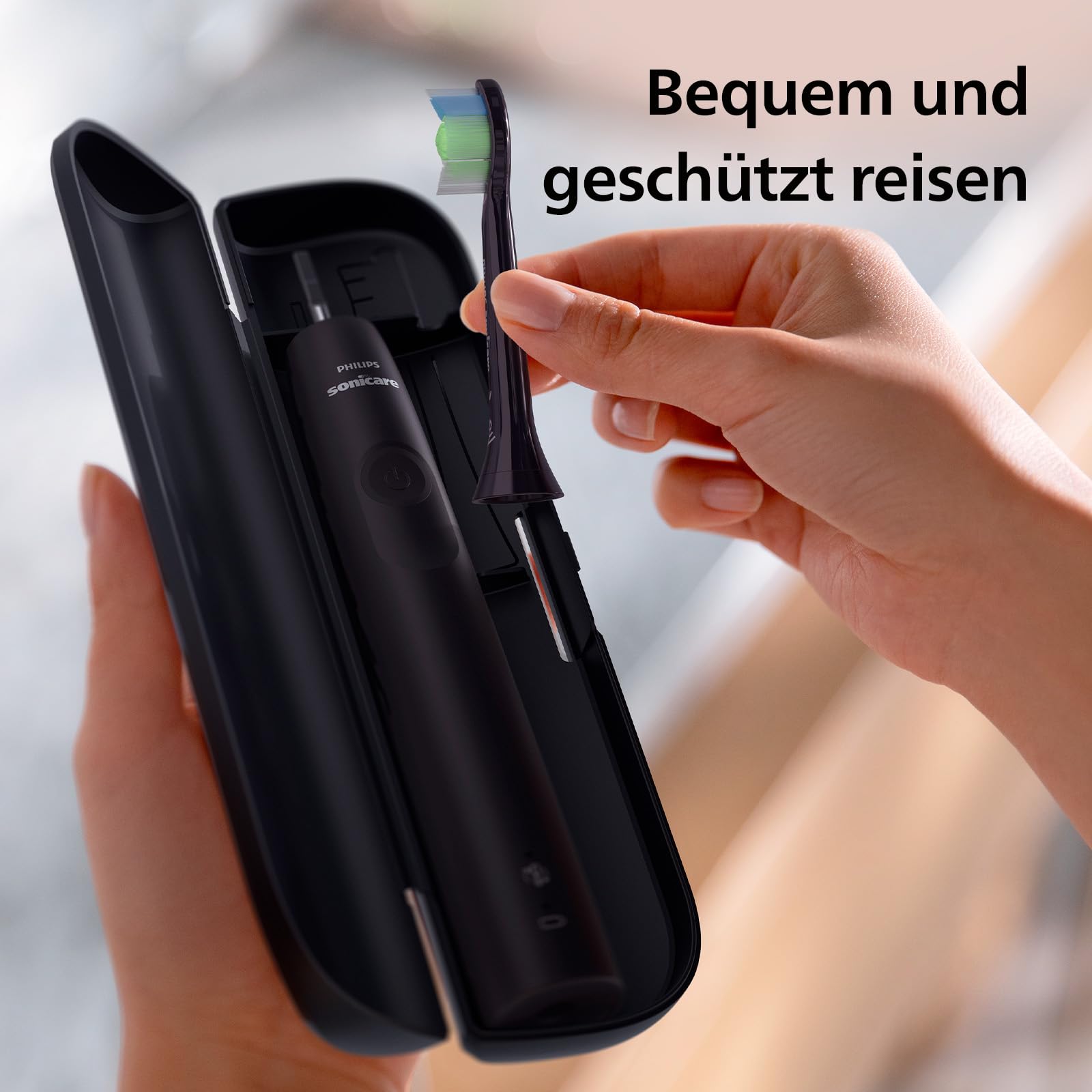 Philips Sonicare 4100 – elektrische Sonicare Zahnbürste für Erwachsene mit 1 x Philips W2 Optimal White Bürstenkopf in Schwarz, schlankem Reiseetui und USB-Ladegerät (Modell HX3683/54) 8
