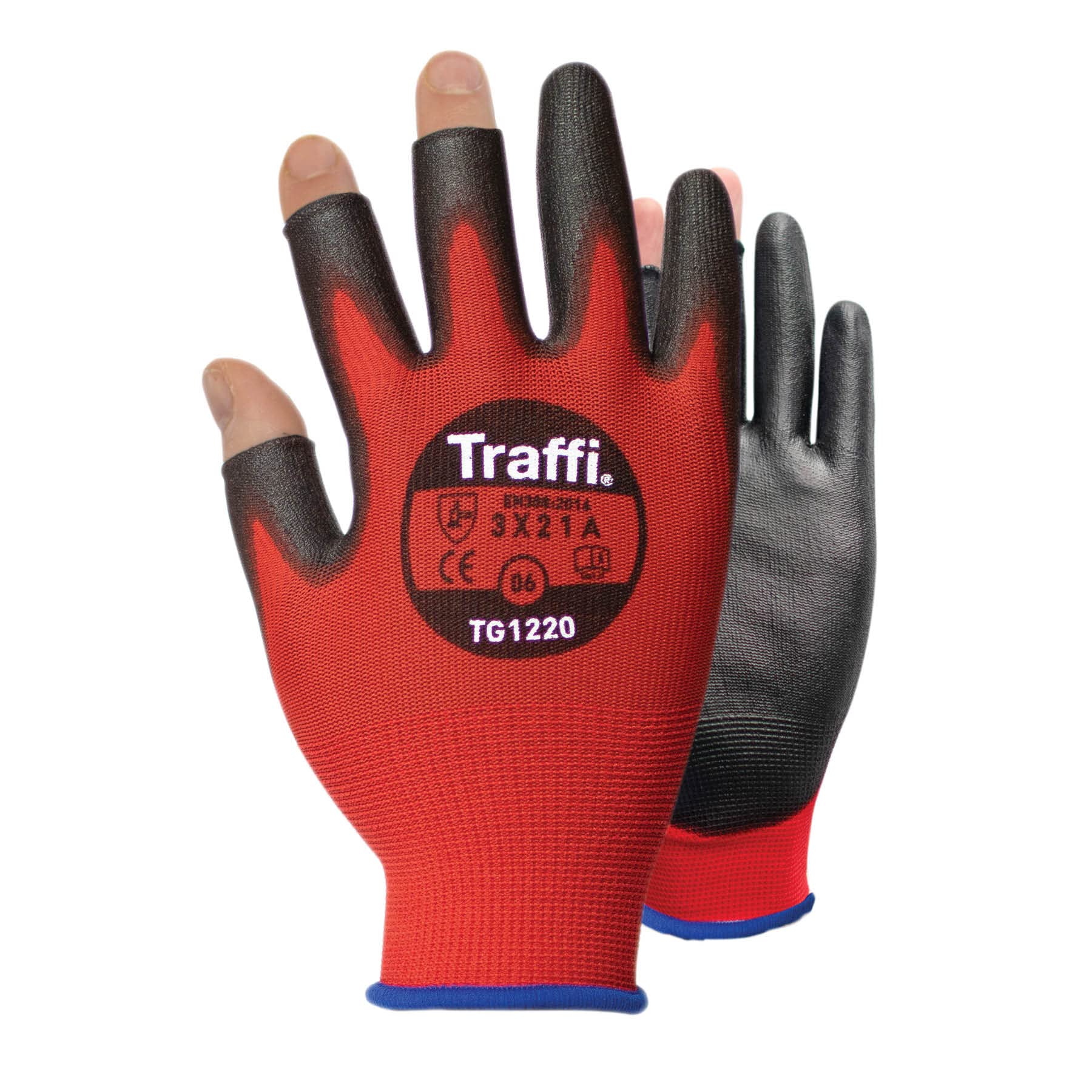 Traffi TG1220 X-Dura 3 Digit PU A Warning Glove, Cut Level A, Red, 11Size, Pair, Pack of 10