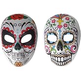 2 Pcs Day of The Dead Sugar Skull Mask Halloween Full Face Mask Women Zombie Skeleton Bone Flower Leaf Masquerade Party Mask for Birthday Festival Holiday Carnival Bar Cosplay Mexican Party Supplies