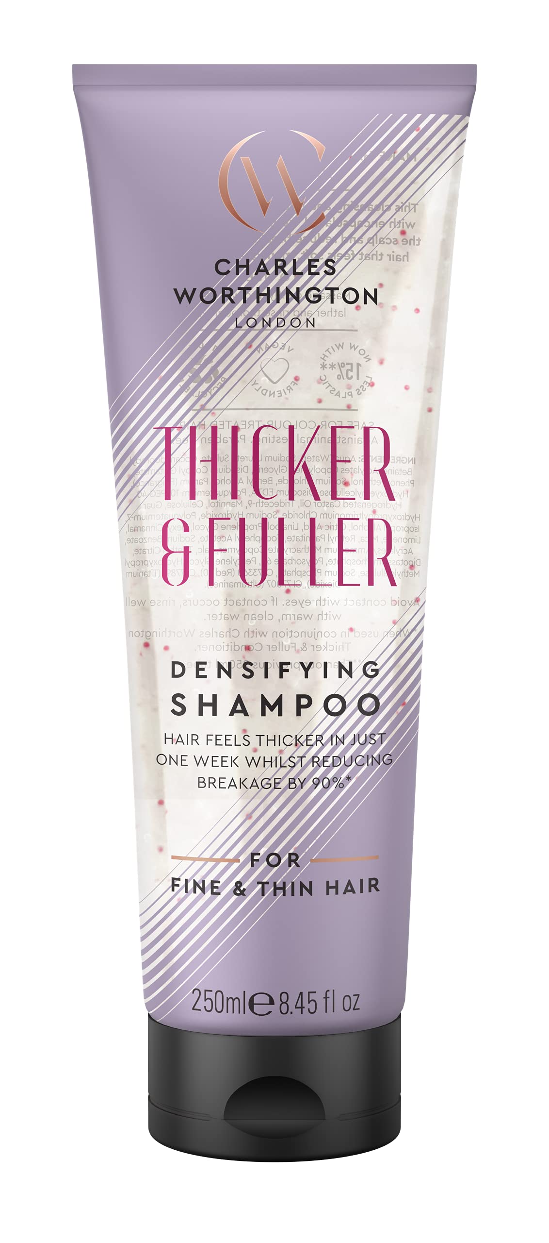 Charles Worthington Thicker and Fuller Densifying Shampoo, Hair Thickening Shampoo for Fine Hair, Purple, 250 ml