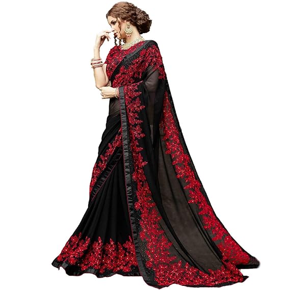 Women's Georgette Saree With Blouse Piece (GF-Black_Tiya_Black)