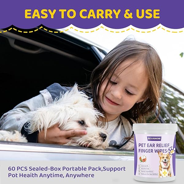 DOG EAR WIPES FINGER – EAR FINGER WIPES FOR DOGS & CATS – PET EAR CLEANING FINGER WIPES – SOOTHS & DEODORIZES, PREVENT EAR ITCH & INFLAMMATION – FRESH COCONUT SCENT, ALL NATURAL INGREDIENTS – 60 COUNT