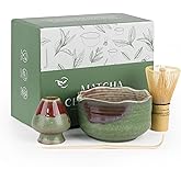 Pottery Matcha Set - Japanese Handcrafted Matcha Tea Bowl Mineral Glaze Bowl with Spout, Bamboo Whisk, Scoop & Chasen Holder | 4pc Tea Ceremony Kit for Matcha Lovers (Forest Glow)