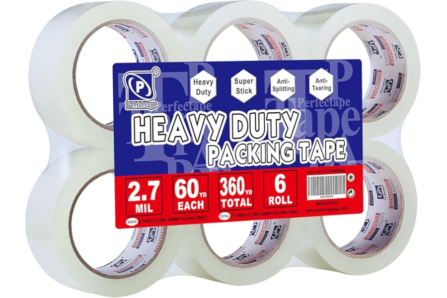 P PERFECTAPE Heavy Duty Packing Tape 6 Rolls, Total 360Y, Clear, 2.7 mil, 1.88 inch x 60 Yards, Ultra Strong, Refill for Packaging and Shipping