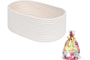 CubesLand Empty Gift Basket,Small Woven Storage Basket,Shelf Closet Basket Bin,Baby Toy Cute Basket for Organizing,Halloween Basket,Christmas Basket,Easter Basket（Cello Bag+White Basket+ Ribbon）