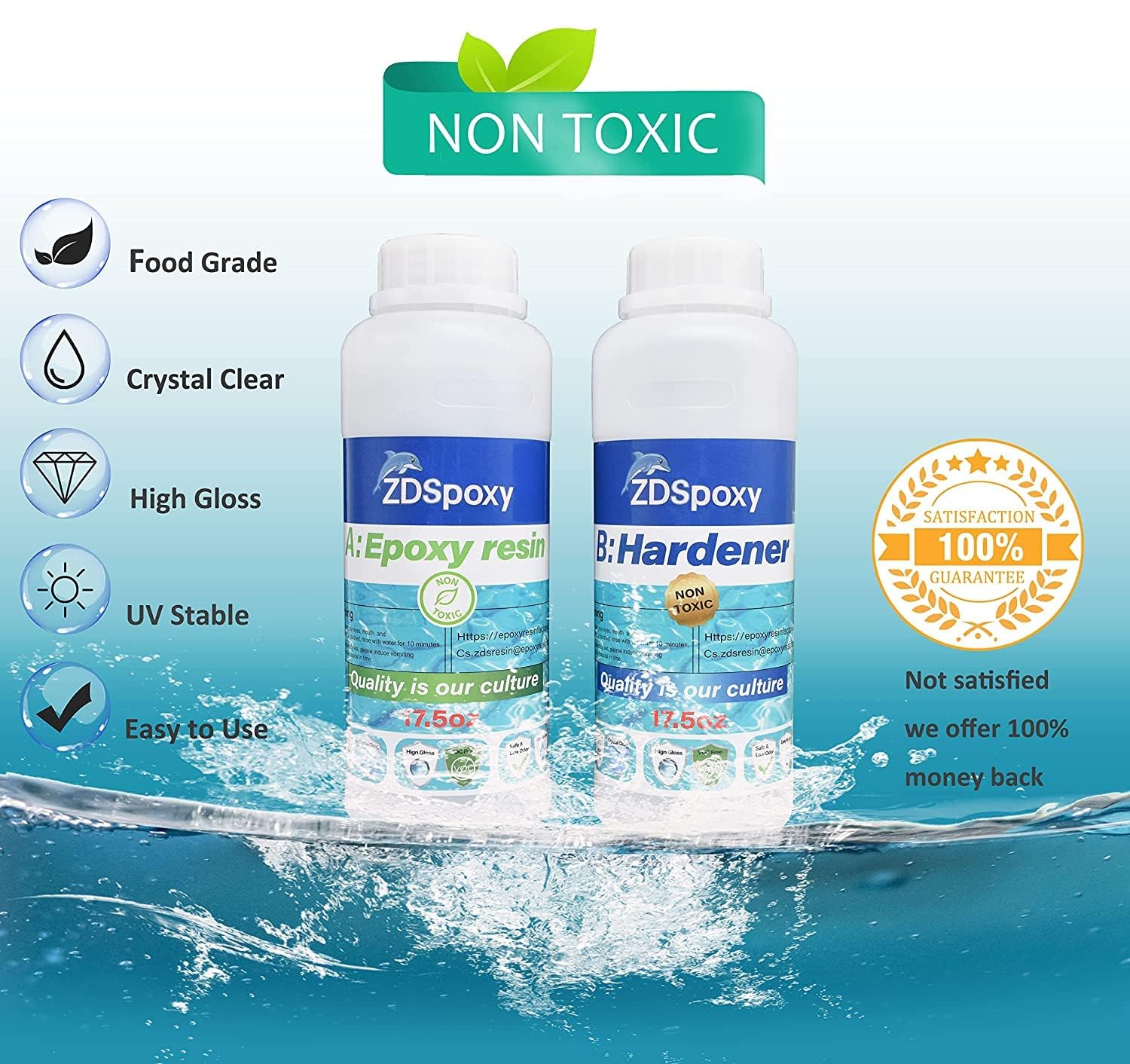 Zdspoxy Crystal Clear Epoxy Resin – Food Safe, Non-Toxic, 1:1 Ratio, High Gloss for Bar Tops, Wood, Art, Jewelry, Casting & Coating – 35.2 oz Kit – Perfect for DIY Crafts & Tabletops