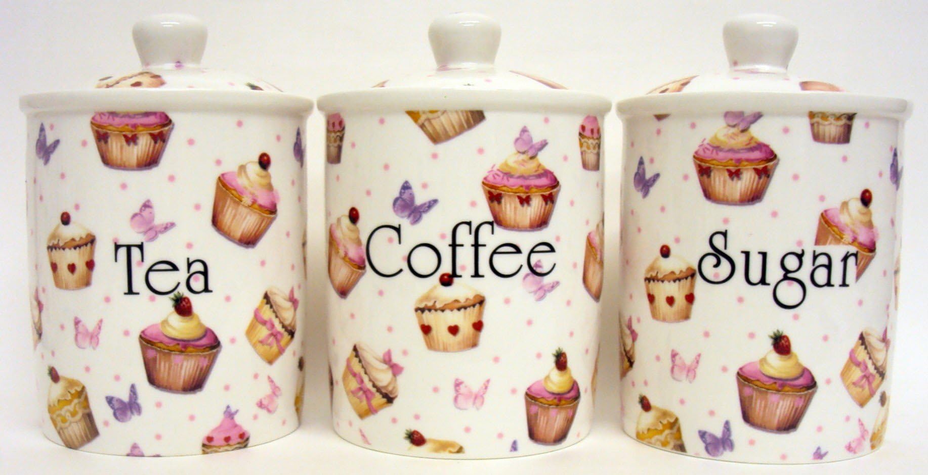 Cupcakes & Butterflies Tea Coffee Sugar Canisters Fine Bone China Cupcakes Butterflies Storage Jars Hand Decorated in The U.K.