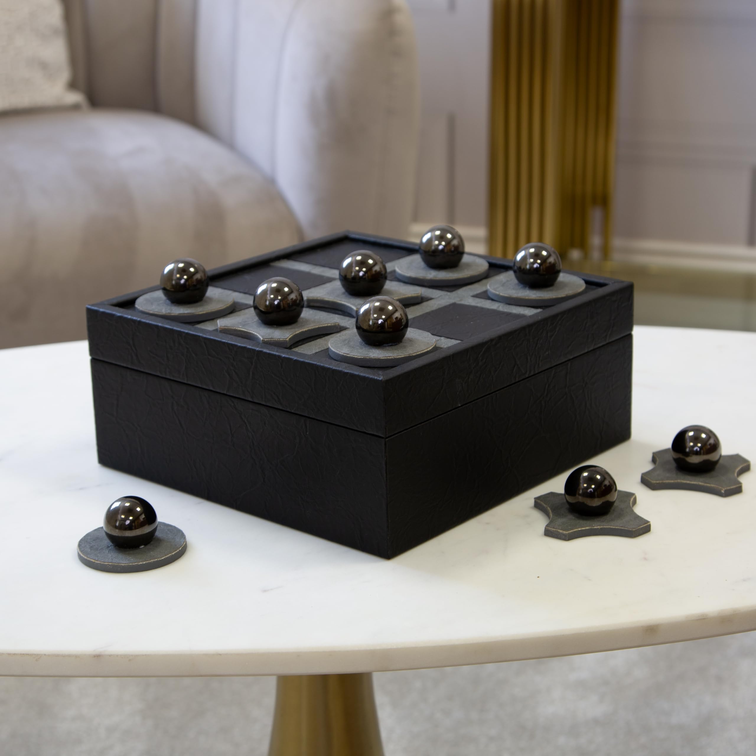 Tic Tac Toe Game Set, Leather Effect Storage Box, Metal Playing Pieces, Black