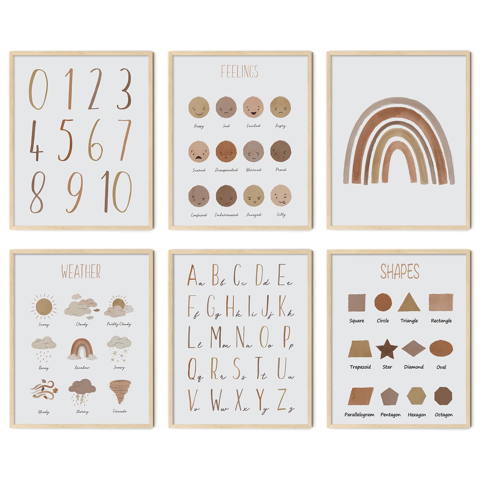 LIYAOLI Alphabet Poster for Toddlers Kids Wall Art Print Cute Numbers ABC Weather Set of 6 Unframed Wall Art Poster 8 x 10 inch,Playroom Decor Nursery Prints Boho Classroom Decor