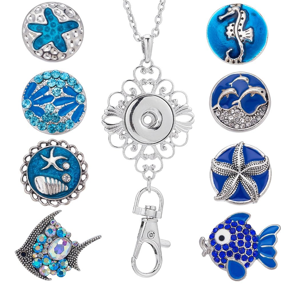 SUNNYCLUE 1 Box 8 Styles Women Badge Lanyards ID Badge Lanyard Cute Blue Enamel Rhinestone Ocean Fish Snap Button Lanyard Necklace Interchangeable Teacher Lanyards for Badge Holder Keys Name Tags