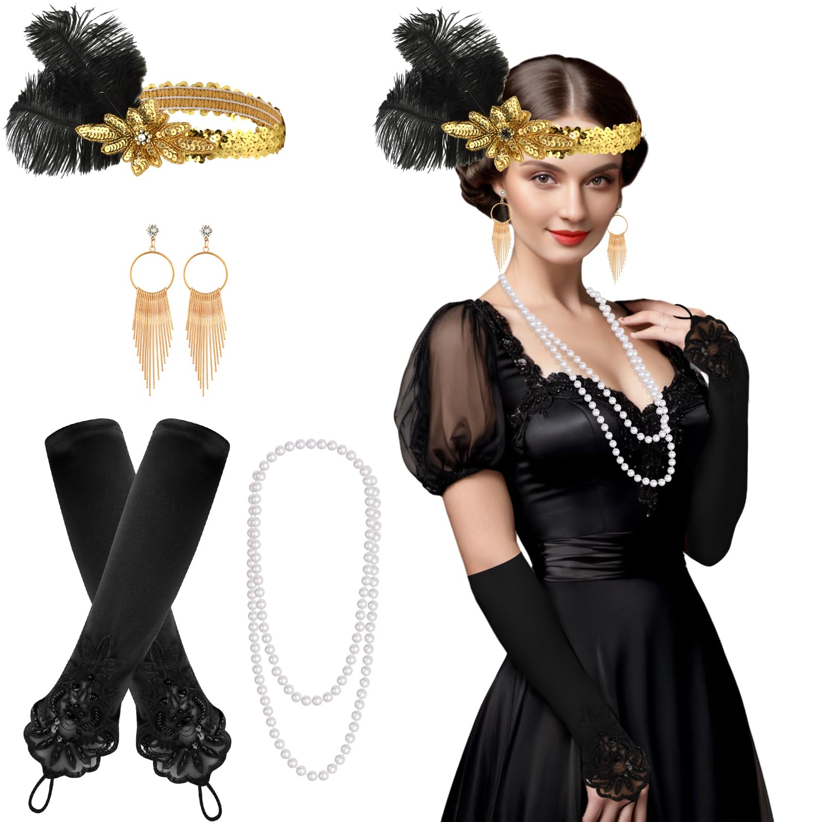 FEPITO 7 Pieces 1920s Flapper Accessories Set Fashion Roaring 20's Theme Set with Headband Headpiece Long Black Gloves Necklace Earrings for Women(Set A)