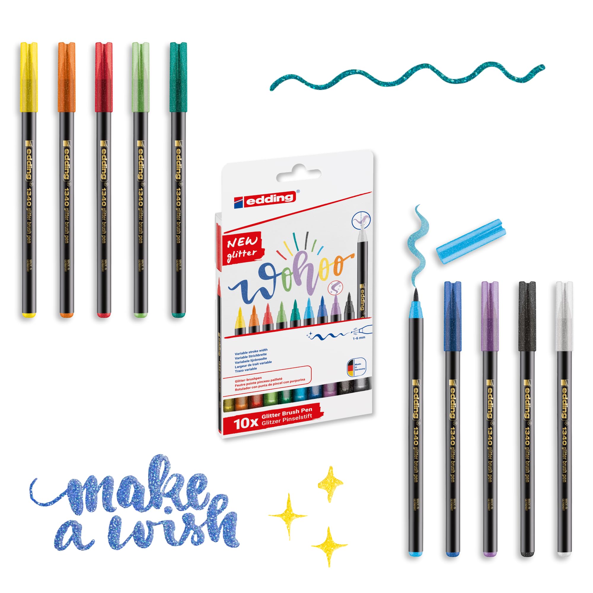 Photo 1 of edding 1340 Glitter Brush Pen Set – 10pcs Assorted Colors with Soft Brush Nib, Quick-Drying, Smooth Writing – Glitter Markers for Journals, Planners, Scrapbooking, & Adult Coloring – Made in Germany