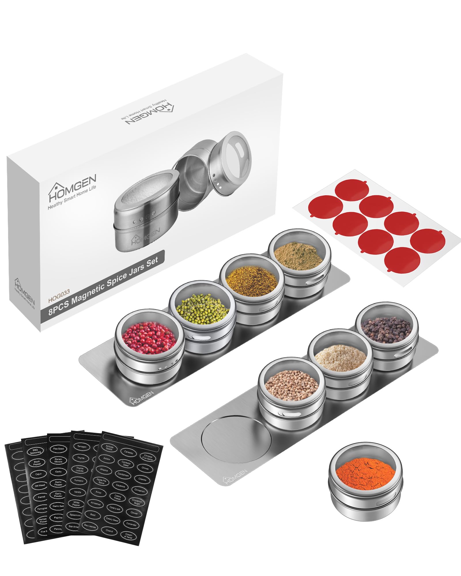 HOMGEN 8 Pack Magnetic Spice Jars Set Stainless Steel Spice Containers 100ml/3.4oz Spice Jars for Fridge BBQ Magnet Spice Tins Set Magnetic Spice Pots with Lids for Kitchen