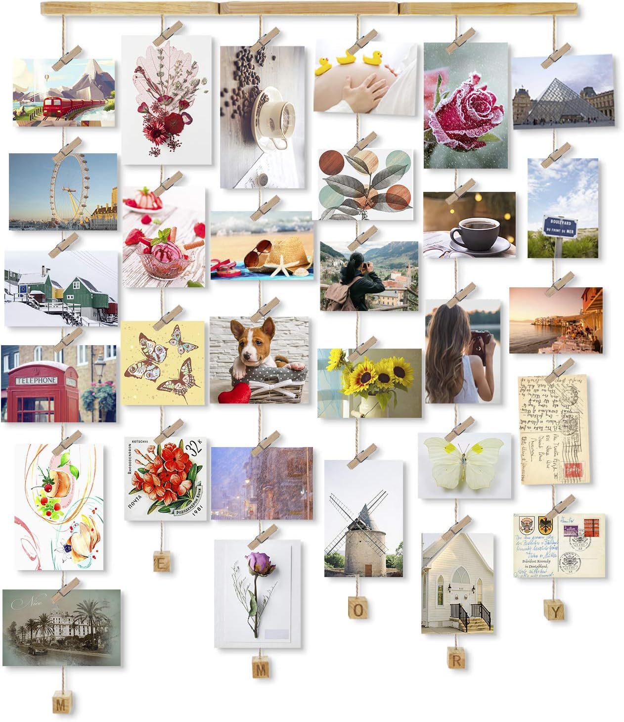 Love-KANKEI Wood Picture Photo Frame for Wall Decor, 26 x 29 Inch - with 30 Clips & Ajustable Twines - Collage Artworks Prints Multi Pictures Organizer & Hanging Display Frames - Memory