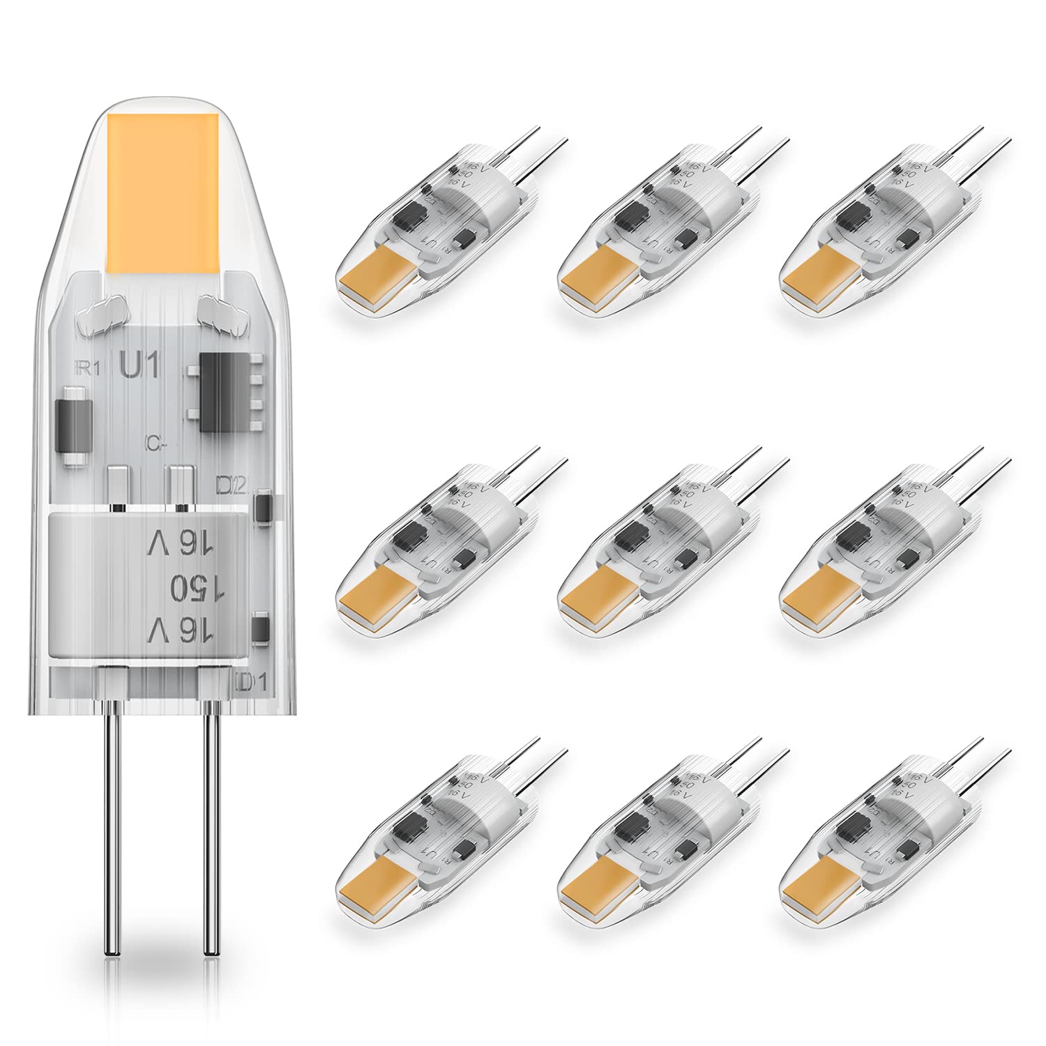 Photo 1 of YUIIP G4 LED Bulbs Bi-Pin Base Lights 1.2W AC/DC 12V 10W T3 Halogen Bulb Replacement, 2700K Warm White G4 Light Bulb for Landscape RV Under Cabinet Light 10 Pack