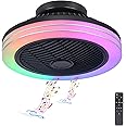 MADSHNE RGB Low Profile Ceiling Fan with Lights and Remote, 18" Bladeless Ceiling Fan with Music and Speaker, Modern Flush Mount LED-RGB Ambient Light for Bedroom Kids Room Party