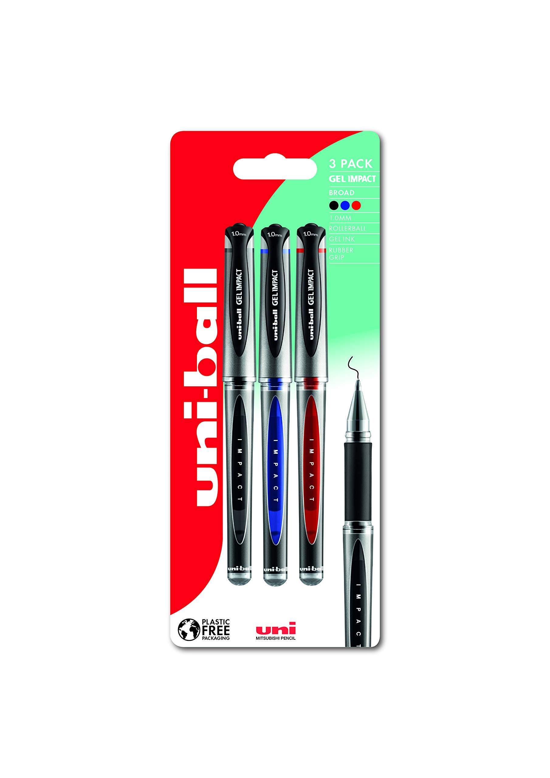 uni-ball UMN-153S Gel Impact Rollerball Pens. Premium Broad 1.0mm Ballpoint Tip for Super Smooth Handwriting, Journaling, and Note Taking. Fade & Water Resistant Uni Super Ink. Pack of 3 Assorted