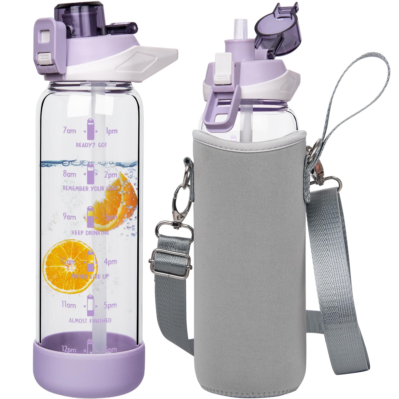 Seekua 800ml Glass Water Bottle with Straw & Time Markings BPA free Motivational Glass Drinking Bottle Leakproof