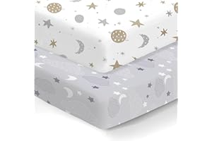CAMBRIA BABY 100% Organic Cotton Fitted Mattress Sheets for Graco Pack n Play, Babyletto, Pamo Babe, Dream on Me, Evenflo, Baby Trend Portable/Mini Crib/Playards, and Beka Bedside Bassinet 2 Pk Space & Sky