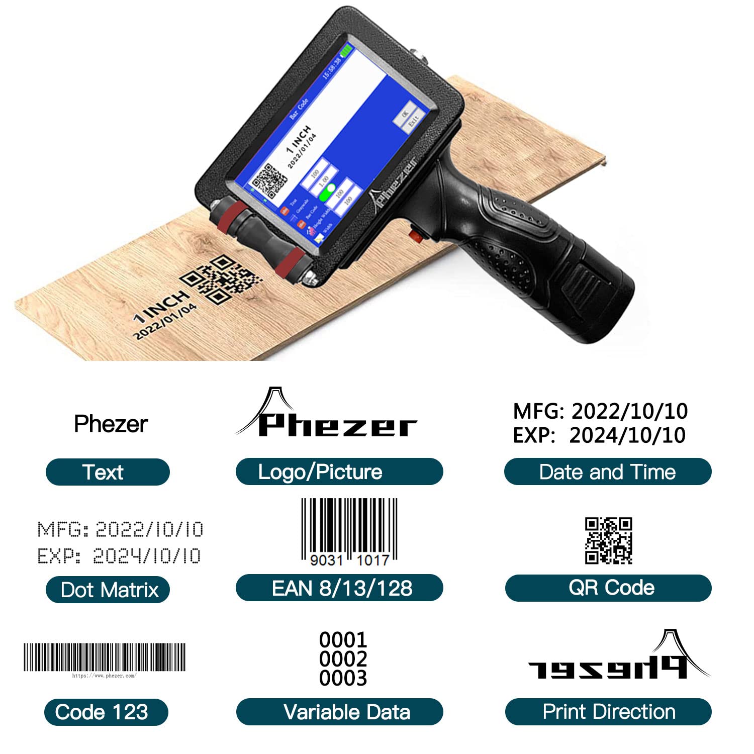 Phezer Portable P16-1 Handheld Inkjet Printer, Printing Height (0.08-1 Inch) with 4.3