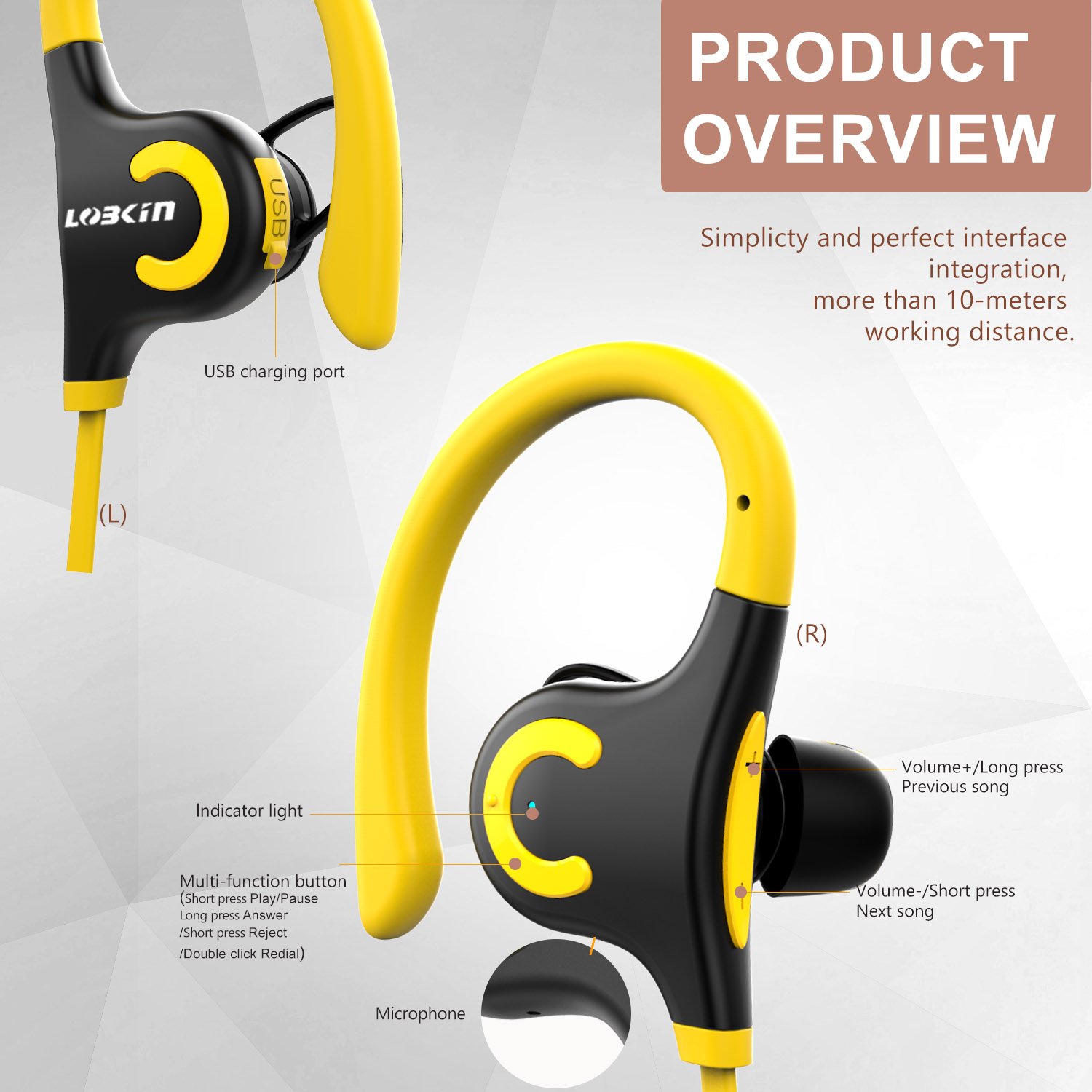 Bluetooth Headphones, Lobkin Wireless Headset Bluetooth V4.1 Stereo In Ear Earbuds Noise Cancelling Headphones Sweatproof Sports Earphones with Mic (Yellow)