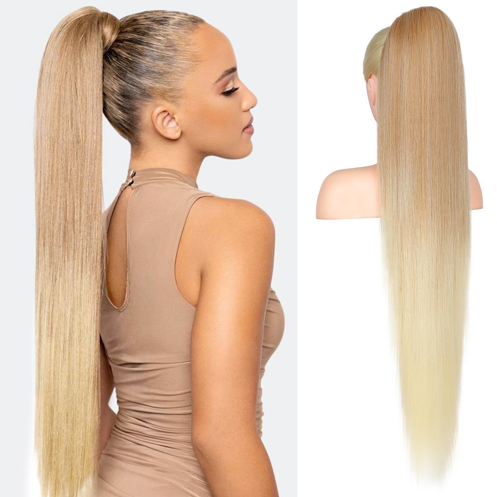 FLUFYMOOZ ponytail extension, 36 Inch Long Straight Drawstring Ponytail Synthetic Hairpieces Fake Pony Tails Natural Soft Clip in Hair Extension ponytail for Women (Dark Blonde to Light Blonde)