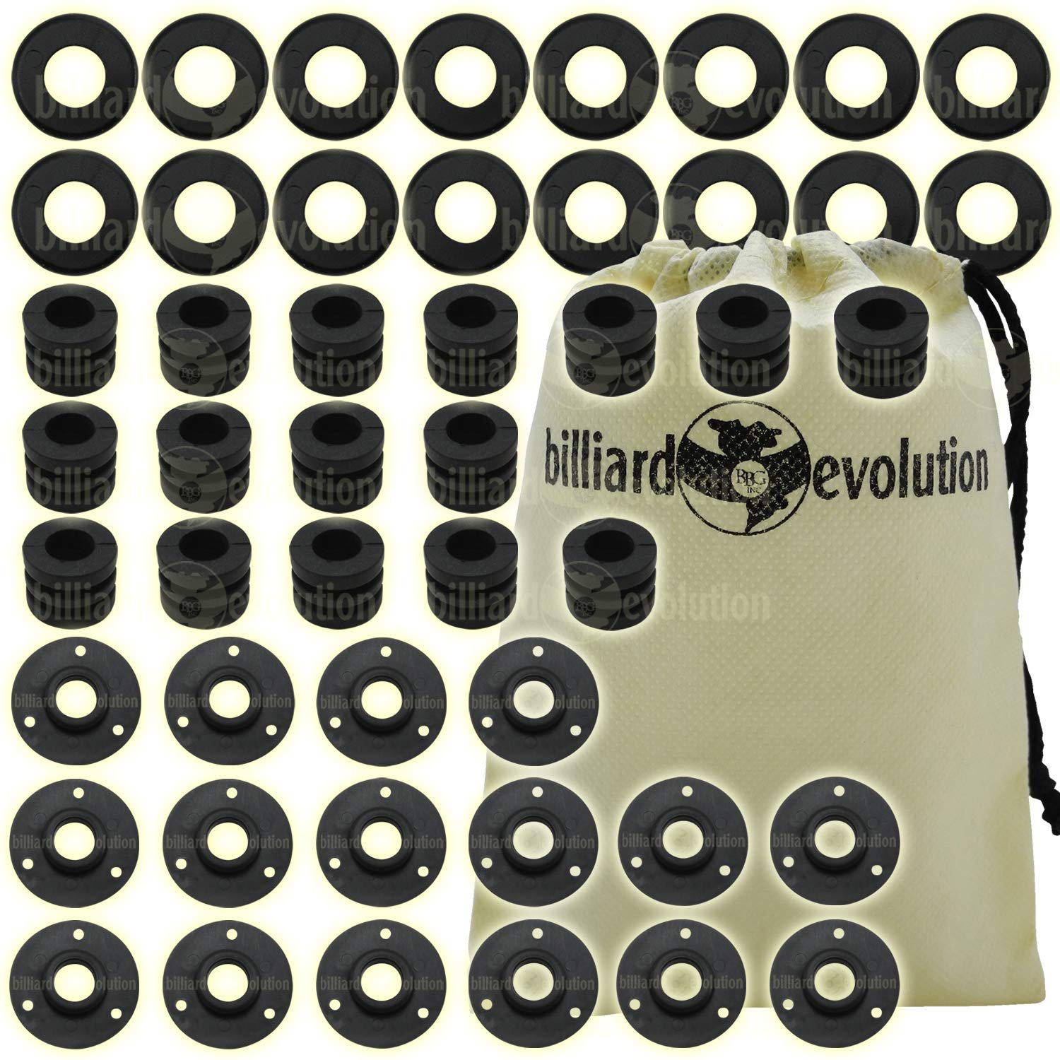 Set of 16 Smooth Rubber Bumpers, 16 Black Outside Bushings & 16 Nylon Washers for Foosball Table & Billiard Evolution Drawstring Bag
