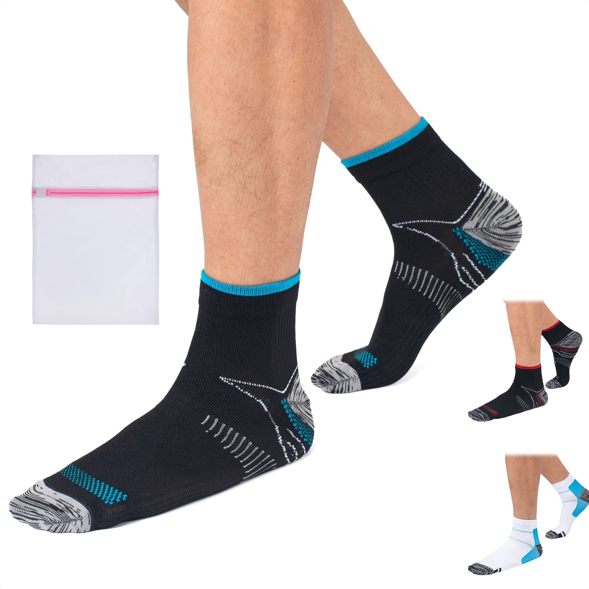 360 RELIEF 1 Pair Ankle Compression Socks - Supports Arch, Travel, Flight, Sports | L/XL, Black/Blue with Mesh Laundry Bag