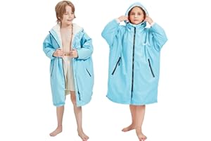 Meshoufu Kids Swim Parka, Waterproof Swimming Jacket, Hooded Surf Changing Robe, Warm Winter Swim Coat