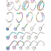 Oicctyzio 20g Nose Rings Studs Hoops Piercings Jewelry Hypoallergenic Multicolor Surgical Steel for Women Men