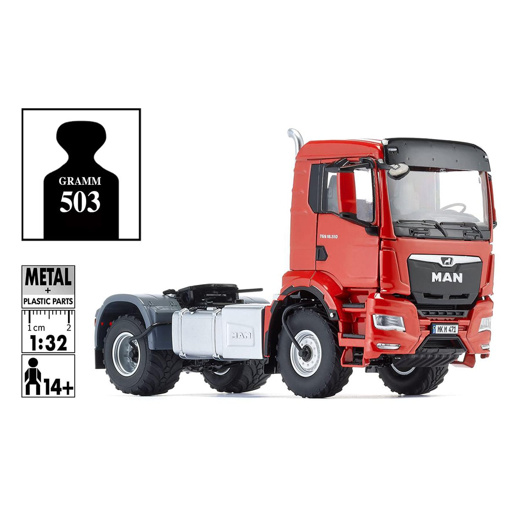 WIKING 077653 MAN TGS 18.510 4x4 BL 2-Achs Zugmaschine, Modell-Lkw, 1:32, Metall/Kunststoff, Ab 14 Jahre, Viele Funktionen, Inkl. Reifendruck-Regelanlage, Schwenkbarer Kühlergrill, Rot 8