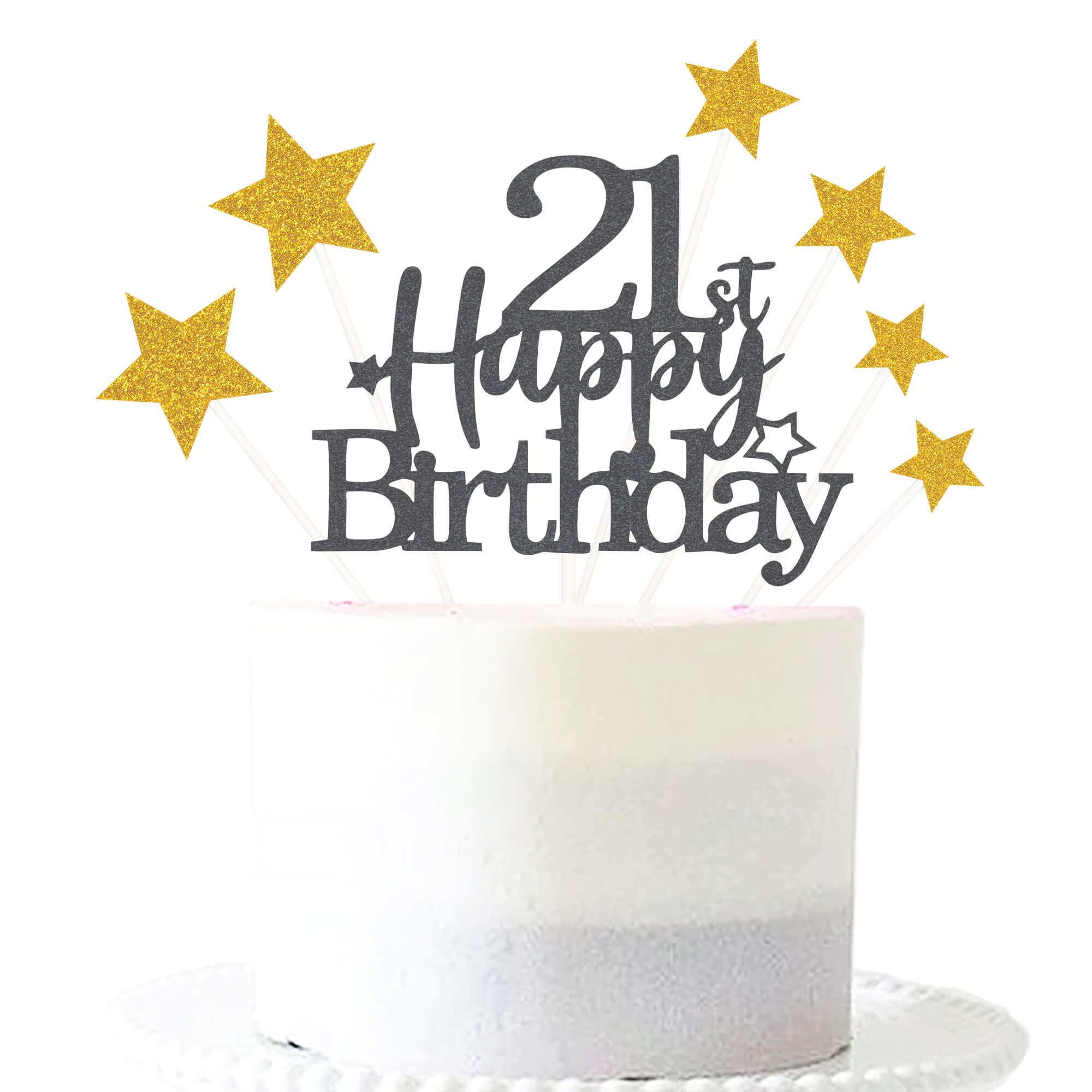 Pargleev Glittery 21st Happy Birthday Cake Topper with Star,21 Birthday Cake Toppers Party Decorations Party Supplies for Boys Girls Black Gold