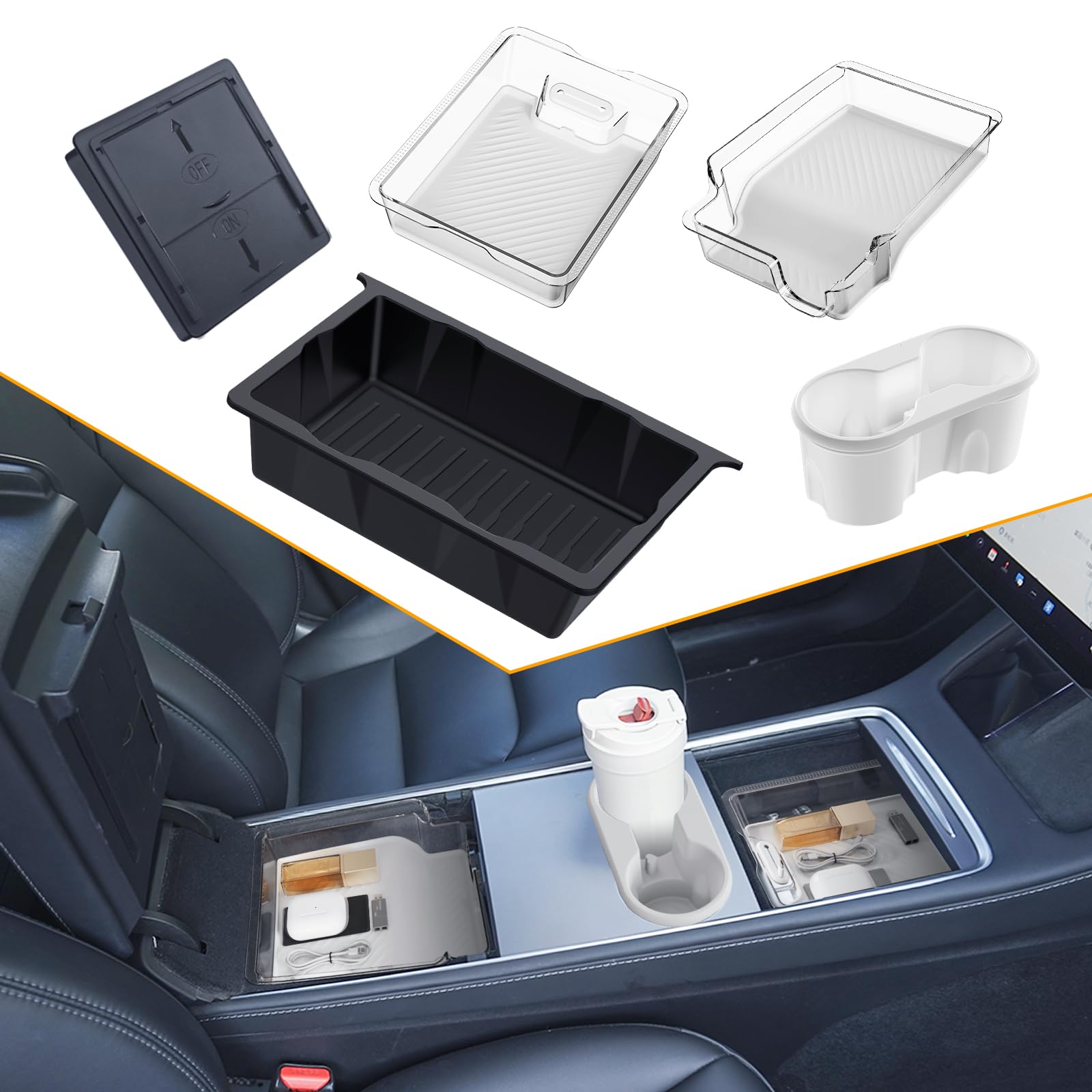 Photo 1 of Center Console Organizer Tray 5PCS for Tesla Model Y Accessories 2024-2020(Not Fit Model Y Juniper), Armrest Storage Tray and Hidden Storage Box, Cup Holder Insert, Under Seat Storage Box, White