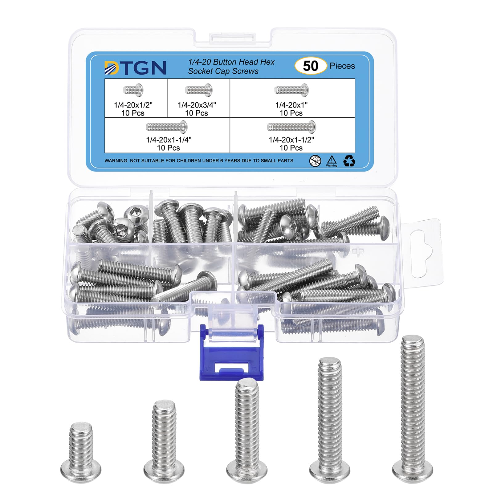 DTGN 100Pcs 1/4"-20 Button Head Socket Cap Screws Kit - 1/2" 3/4" 1" 1-1/4" 1-1/2"304 Stainless Steel UNC Thread Hex Socket Cap Screw Assortment - Good for Machine, Furniture Repairing