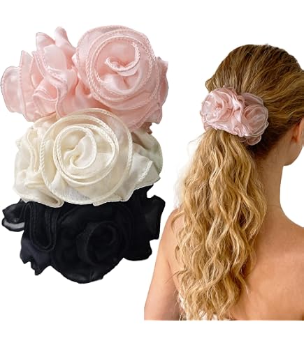 2pcs Pink Satin Scrunchie with Taupe Flower Hair Clip 2pcs Pink Satin Scrunchie with Taupe Flower Hair Clip main image 4